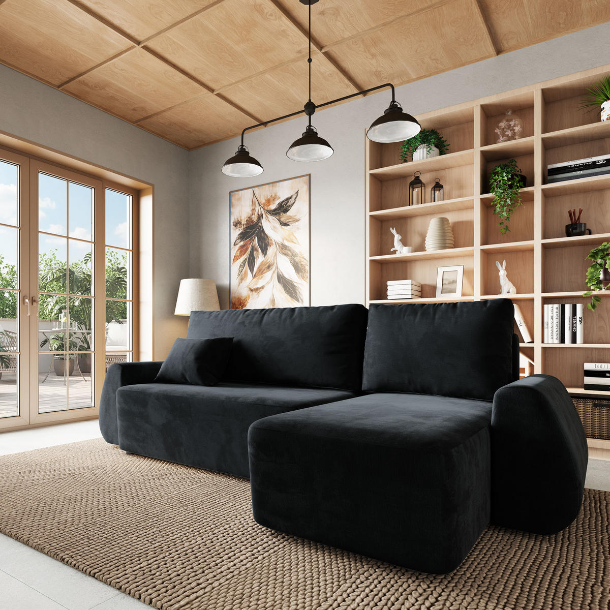 ECKSOFA GALVIS Schwarz Velours-Stoff mit Schlaffunktion - Schwarz, Holz (256/156cm) - MASSENO