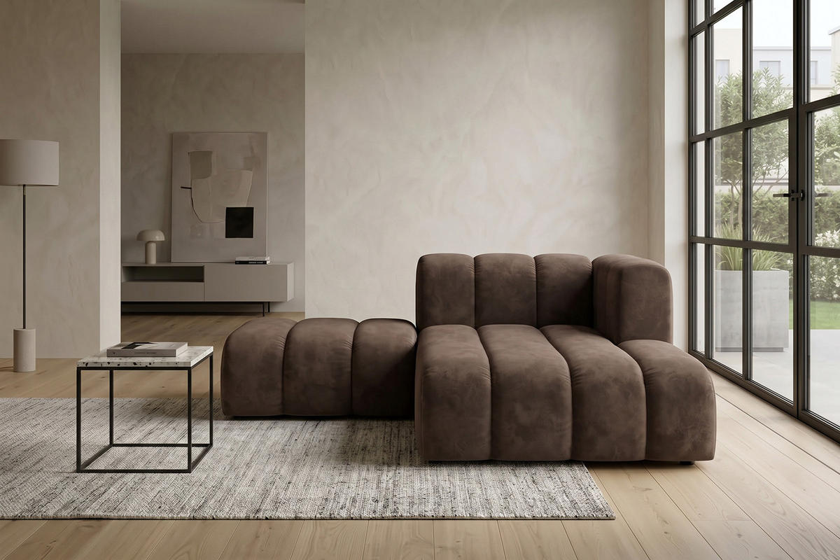 CHAISELONGUE Modulare Mit Hocker, Velvet-Stoff Riviera, Braun, Rechts, GRAND - Braun, Holz (204/179cm) - Kaiser Möbel