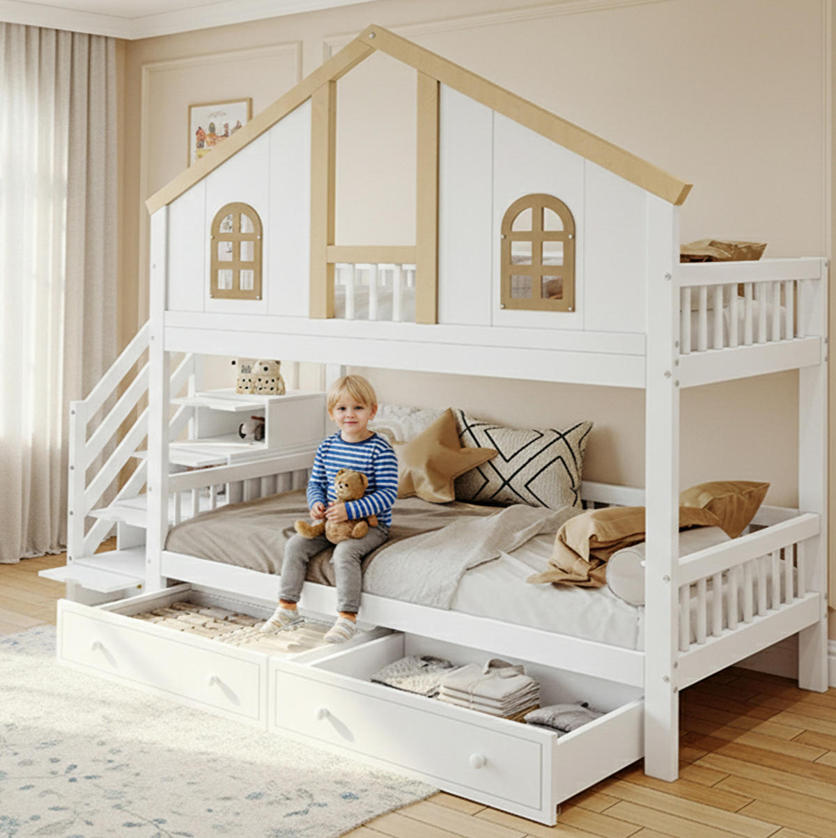 ETAGENBETT 90/200 cm mit Stauraumtreppe, 2 Schubladen, Fenstern und Fallschutz aus Kiefer massiv und MDF, Weiß/Natur - Weiß, Holzwerkstoff (90/200cm) - Redom