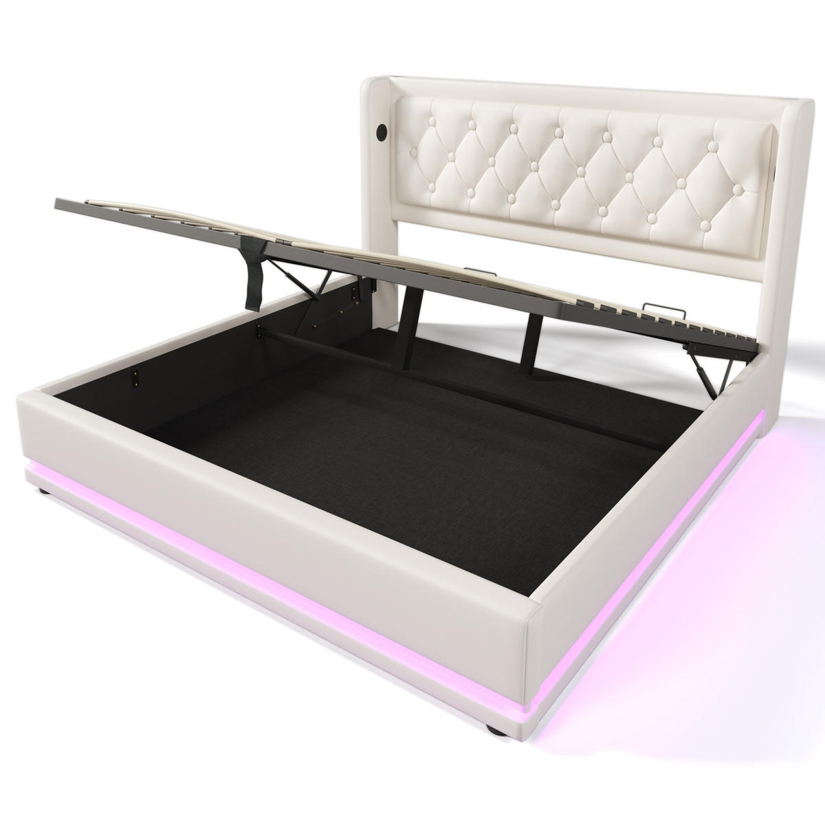 POLSTERBETT aus Kunstleder 160x200 cm in Weiß mit LED & USB-C-Ladestation - Weiß, Leder (160/200cm) - Modfu