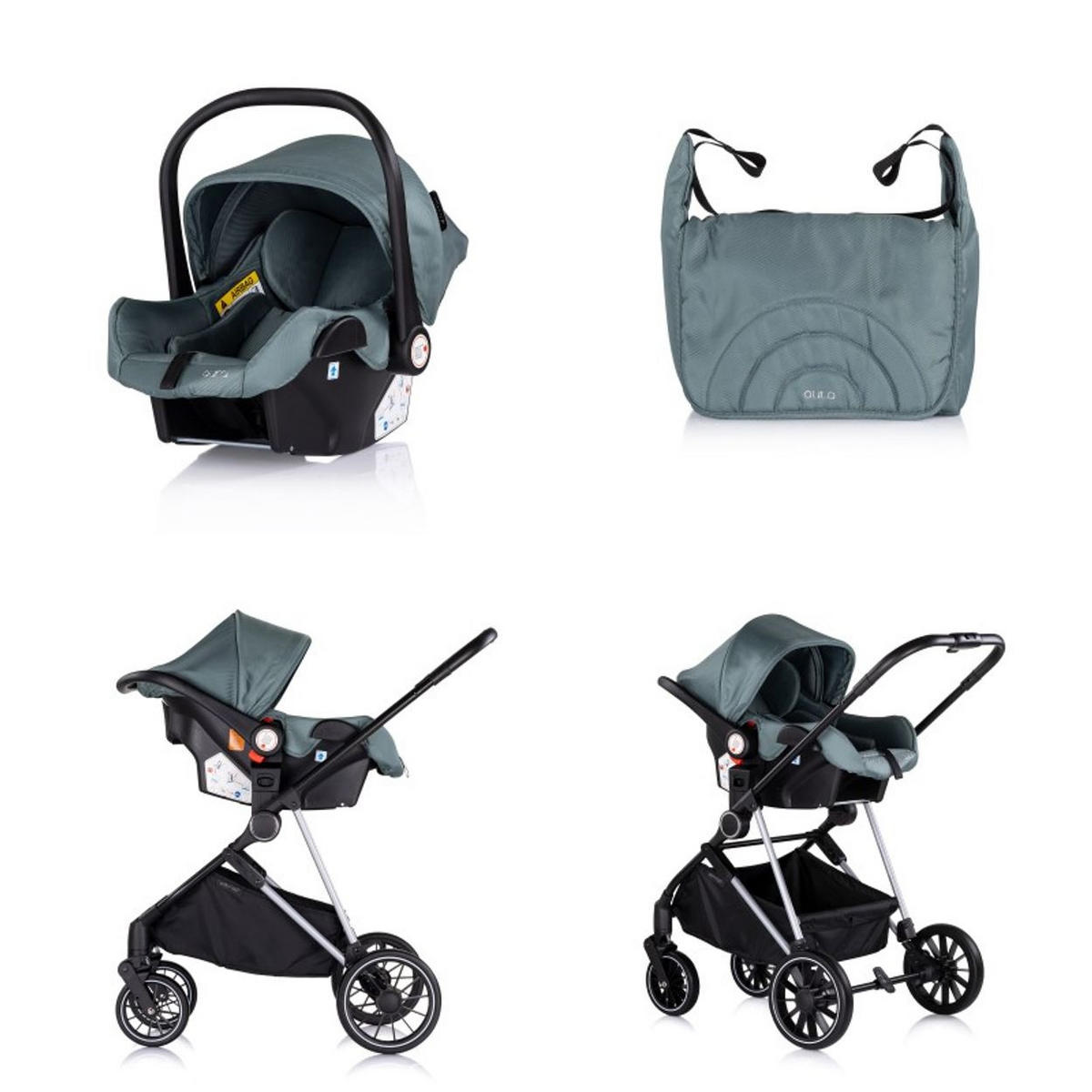 KOMBIKINDERWAGEN Aura 3 in 1 tuerkis Autositz, Babywanne, Wickeltasche, bis 22 kg - Türkis, Metall (98/60/106cm) - Chipolino