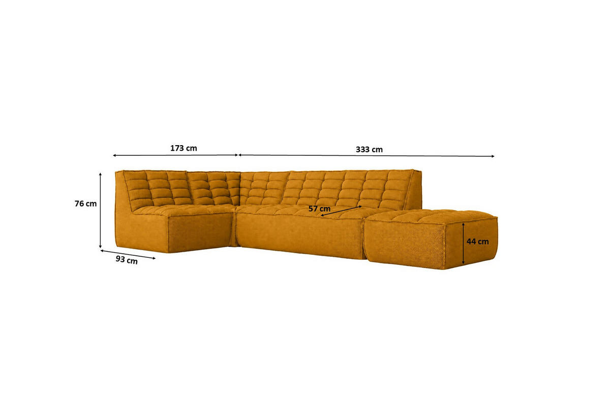 ROHOVÁ SEDAČKA modulární ve tvaru L s taburetem, plyšová tkanina Pop, Hořčicová, Levá strana, LAZY L s taburetem - žlutá, dřevo (333/173cm) - Kaiser Möbel