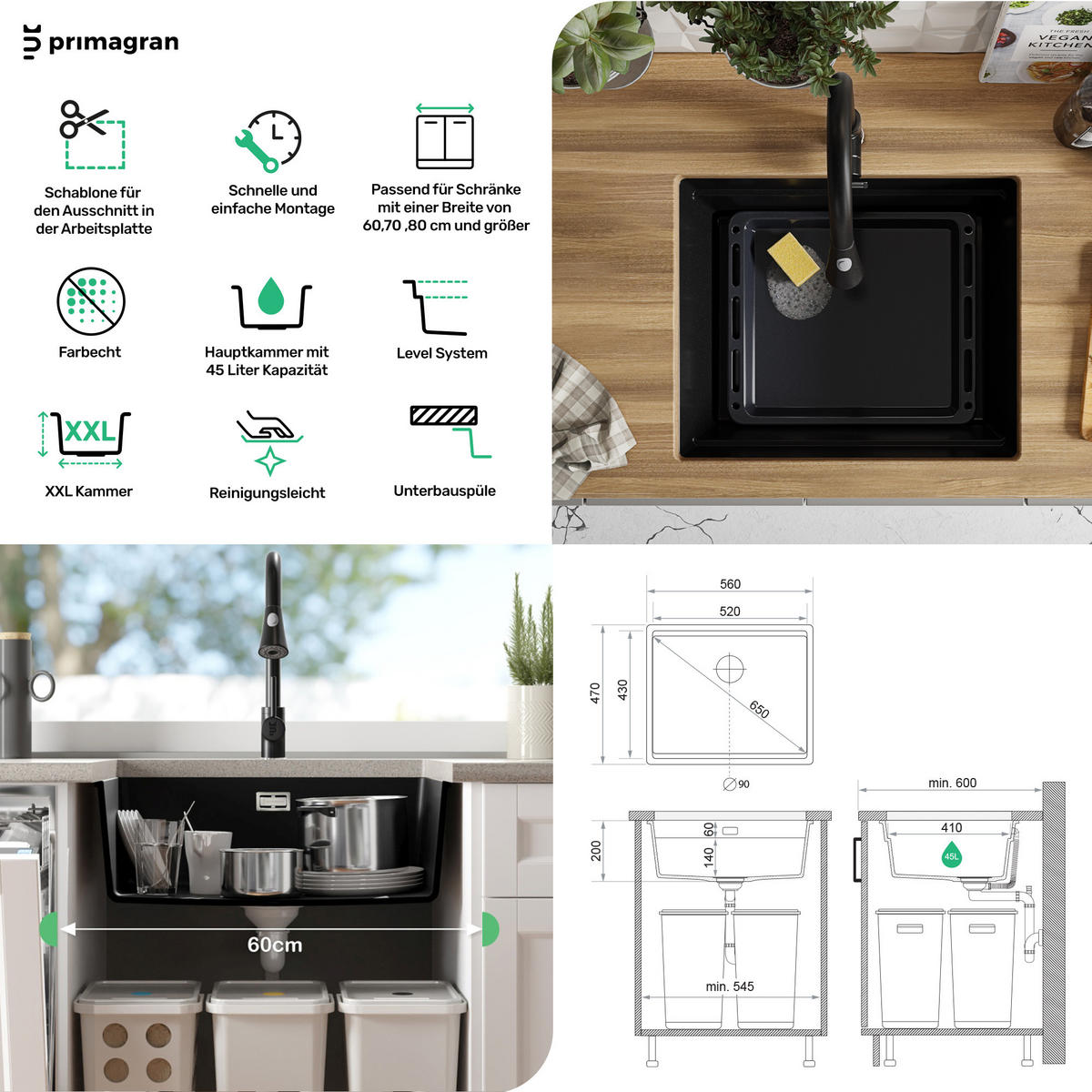 UNTERBAUSPÜLE GRANIT Praga, 2-er set Weiß 56/47 cm 1 Becken + Ablauf-Set + Aufrollbare Abtropffläche ab 60er Unterschrank - Chromfarben/Weiß, Kunststoff (56/20/47cm) - Primagran