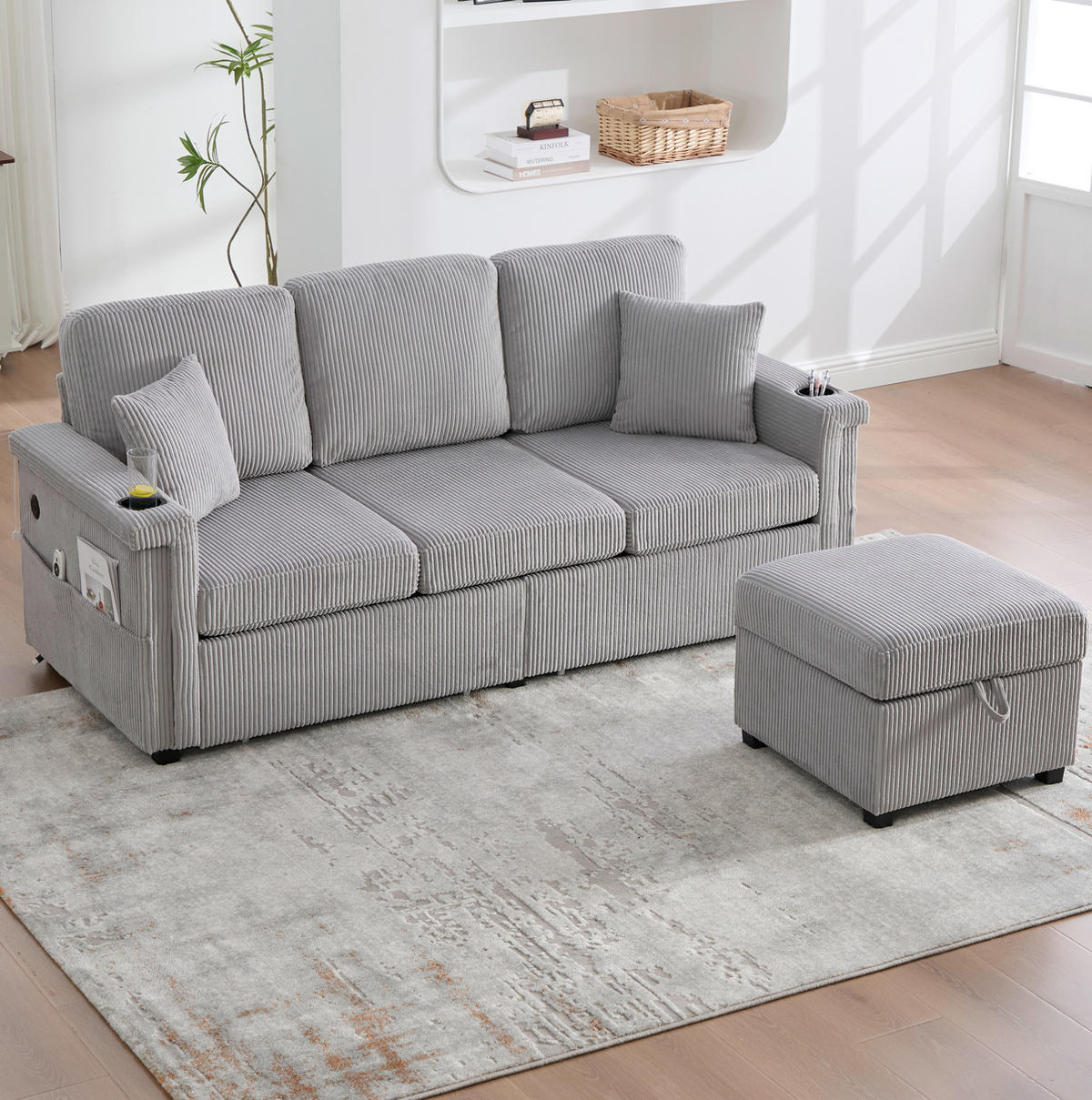 SOFA mit LED und USB/Type-C 194 x 73 x 81 cm Corduroy Hellgrau - Hellgrau, Kunststoff (194/81/73cm) - Meubliv