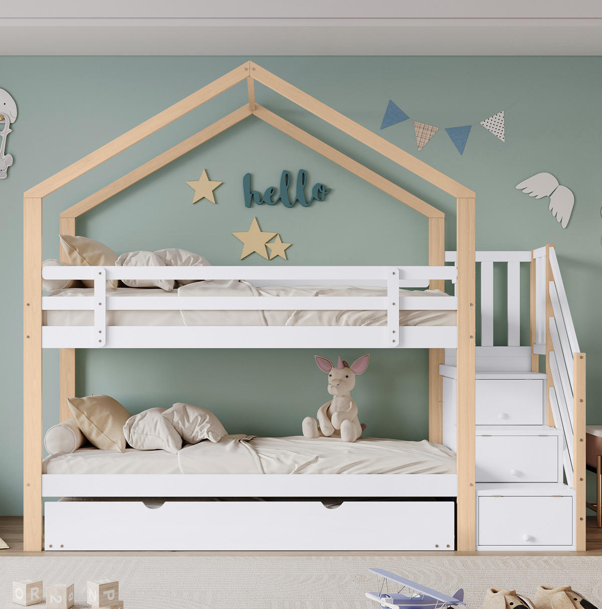 POSCHODOVÁ posteľ 90/200 a 90/190 cm biela/prírodná s výsuvným lôžkom a schodmi so zásuvkami z masívu a MDF - biela, drevo (90/200cm) - OKWISH
