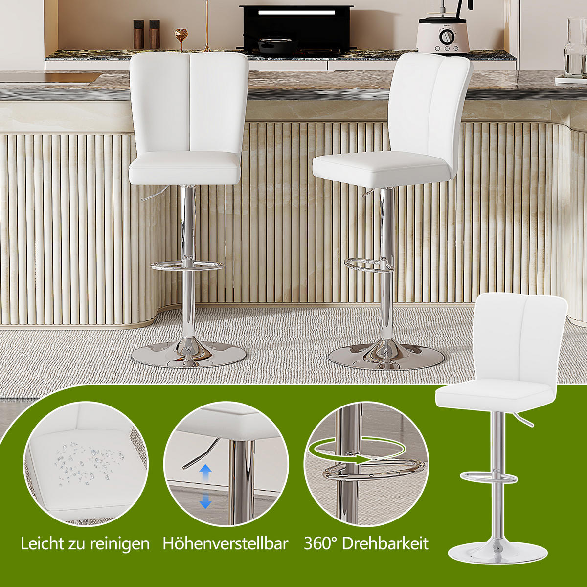 BARHOCKER 2er-Set Weiß-Silber höhenverstellbar & 360° drehbar mit PU-Leder - Weiß, Metall (44.5/95.5/44cm) - PANGIVO