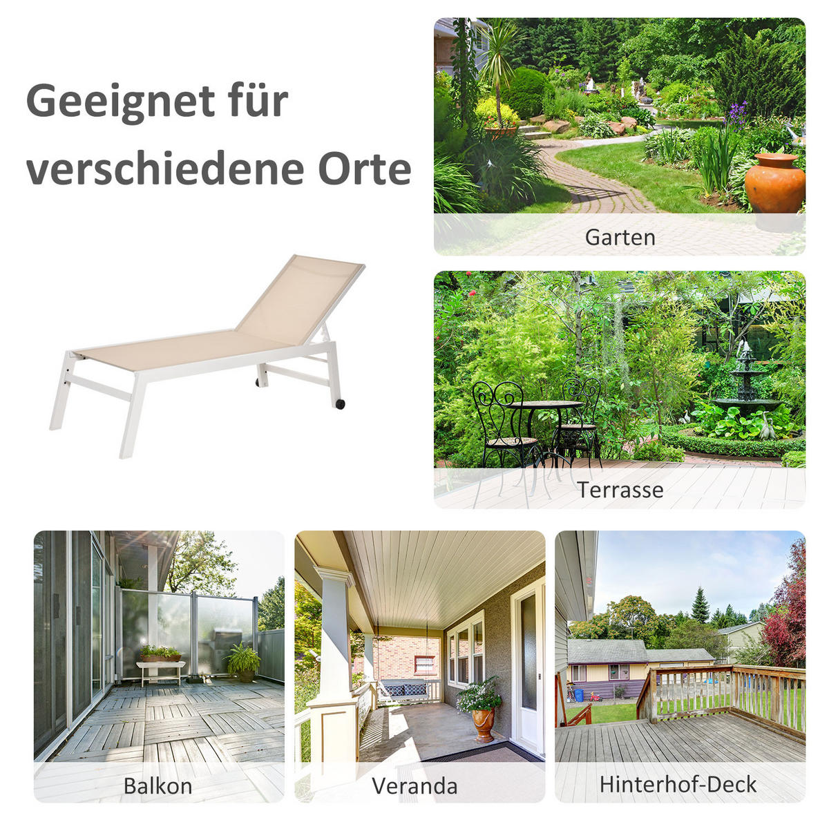 SONNENLIEGE, Gartenliege, 5-stufige Rückenlehne, Aluminium, Cremeweiß, 202 x 65 x 43 cm - Creme, Metall (202/43/65cm)