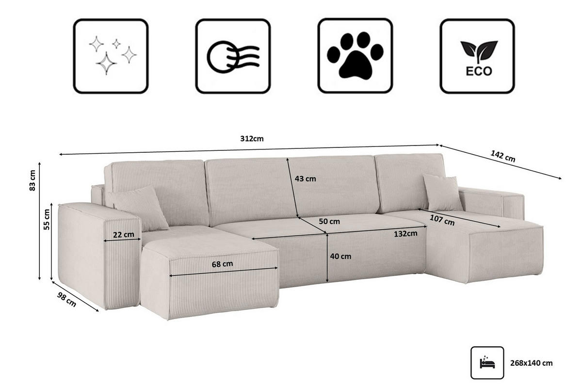 ECKSOFA Mit Schlaffunktion Und Bettkasten BEST Dicker Cord Cord Poso Beige - Beige, Holz/Textil (312/142cm) - Kaiser Möbel
