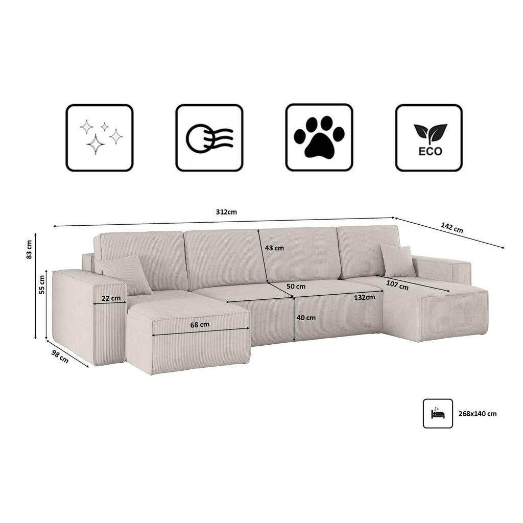 Thumbnail - Kaiser Möbel Ecksofa, Beige, Textil, 5-Sitzer, U-Form, 312x142 cm, Wohnzimmer, Sofas & Couches, Wohnlandschaften, Ecksof...