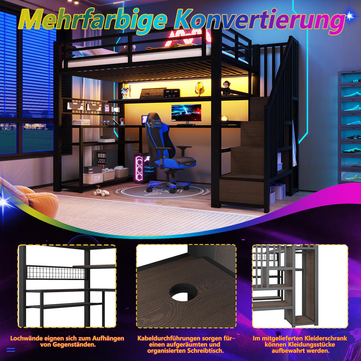 HOCHBETT mit Schreibtisch 90x200 cm Metall Schwarz 4-tlg. - Schwarz, Metall (90/200cm) - Meubliv