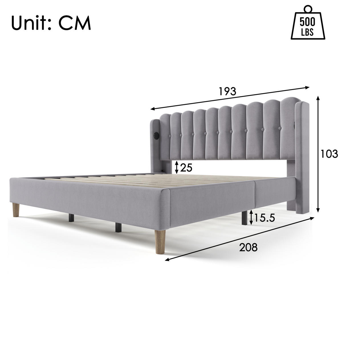 POLSTERBETT 180/200 cm mit USB- & Typ-C-Anschluss, Leinenbezug Grau, Lattenrost inkl., Grau - Grau, Textil (180/200cm) - Redom