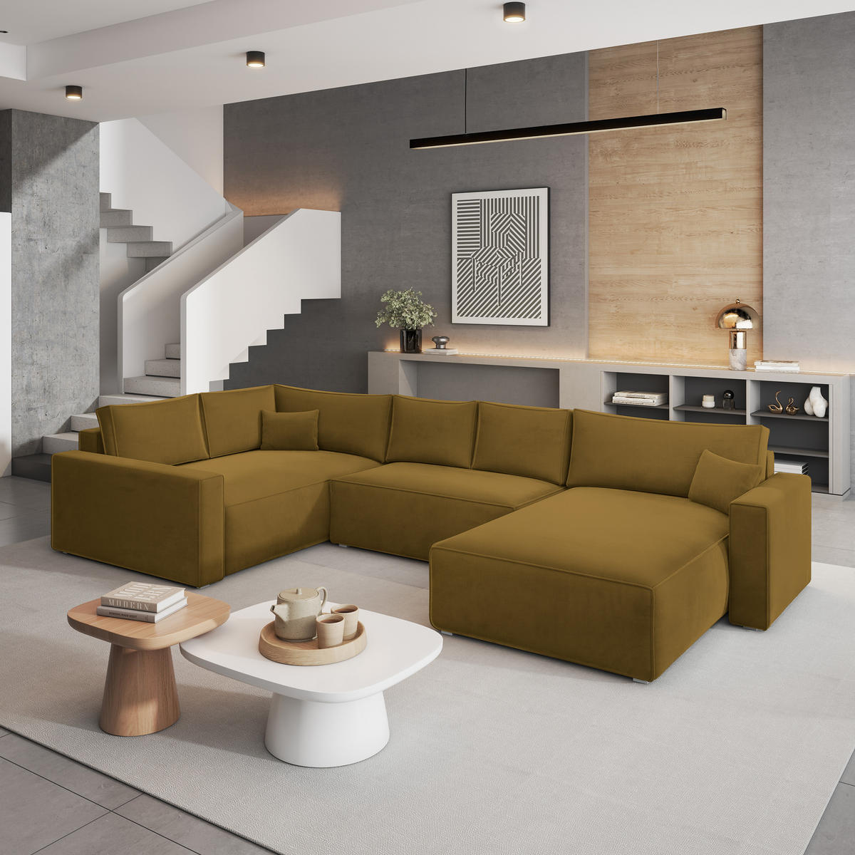 WOHNLANDSCHAFT VELAMI L-S Gelb Velours-Stoff mit Schlaffunktion - Gelb, Holz (365/83/194cm) - MASSENO