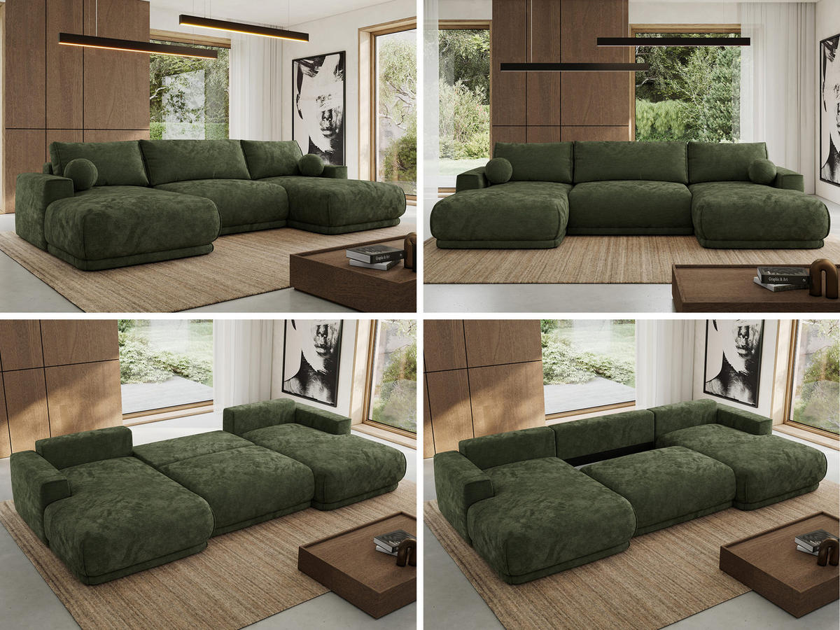 SEDACIA SÚPRAVA RINA U Tmavozelená Hladký ženil - čierna/tmavozelená, textil/plast (360/85/170cm) - MKS