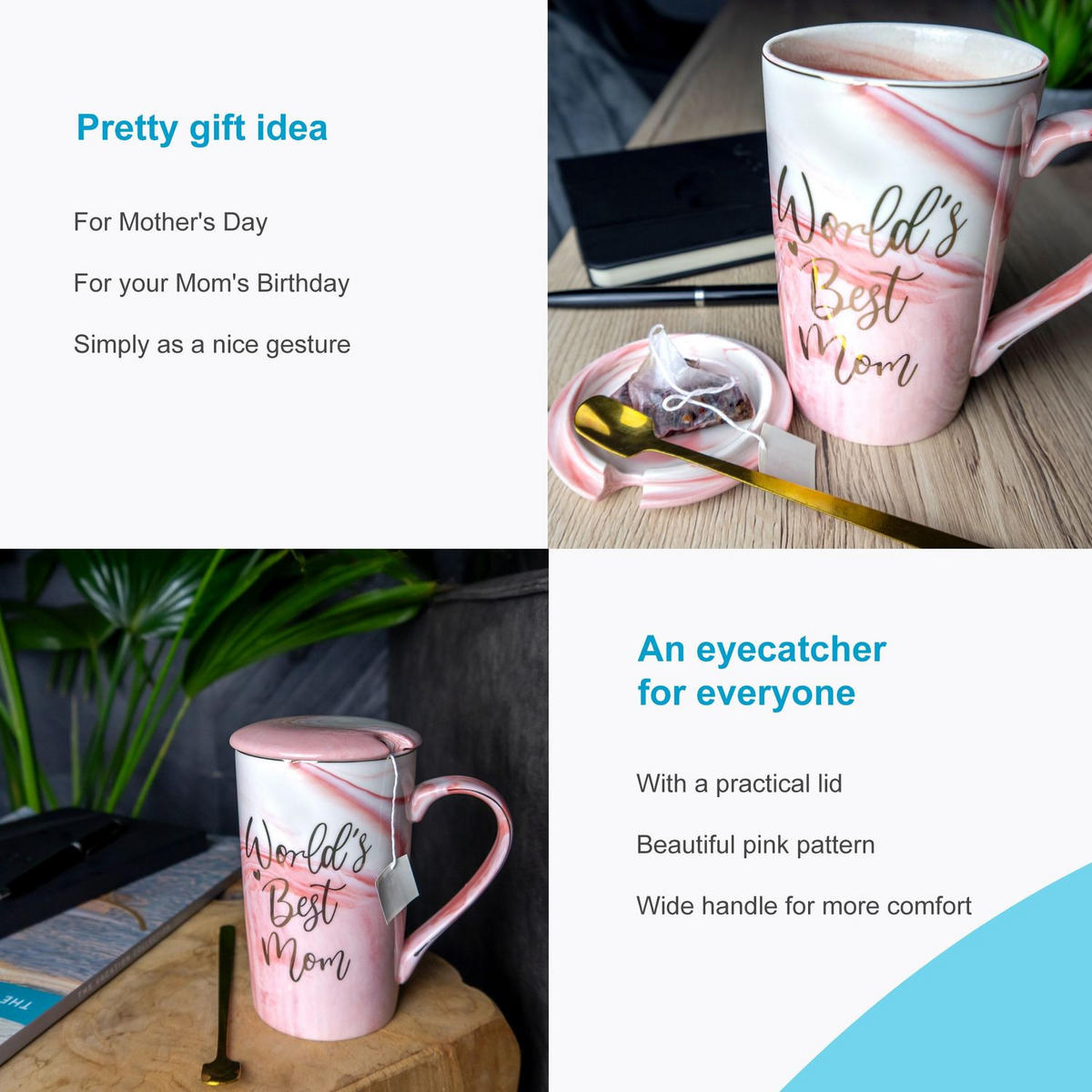 KAFFETASSE mit Deckel Muttertags Geschenk 280 ml - Rosa, Keramik (0.28L) - Intirilife