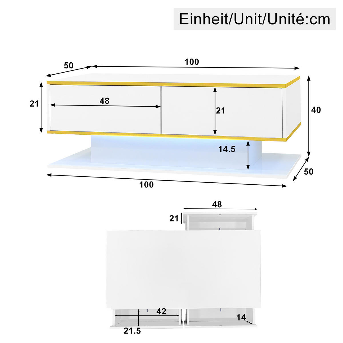 COUCHTISCH 100/50/40 cm mit LED-Beleuchtung, 3 Schubladen und offenem Fach, Hochglanz mit Golddekor, Weiß/Gold - Weiß, Holzwerkstoff (100/50/40cm) - Redom