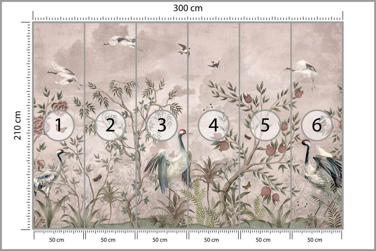 FOTOTAPETE für Schlafzimmer Kraniche Bäume Tropische Blumen Büsche 300x210 - Beige/Rot, Papier (300/210cm) - Muralo