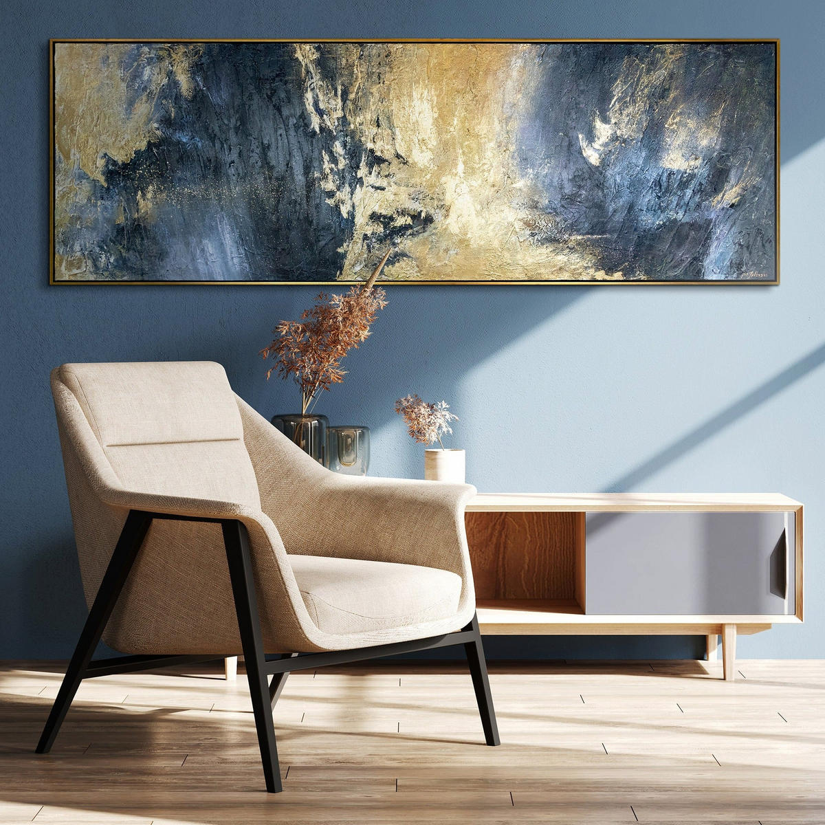GEMÄLDE Spiegelungen Schattenfugenrahmen Schwarz-Gold 120x40 cm - Schwarz Hochglanz, Holz (120/40cm) - YS-art gallery