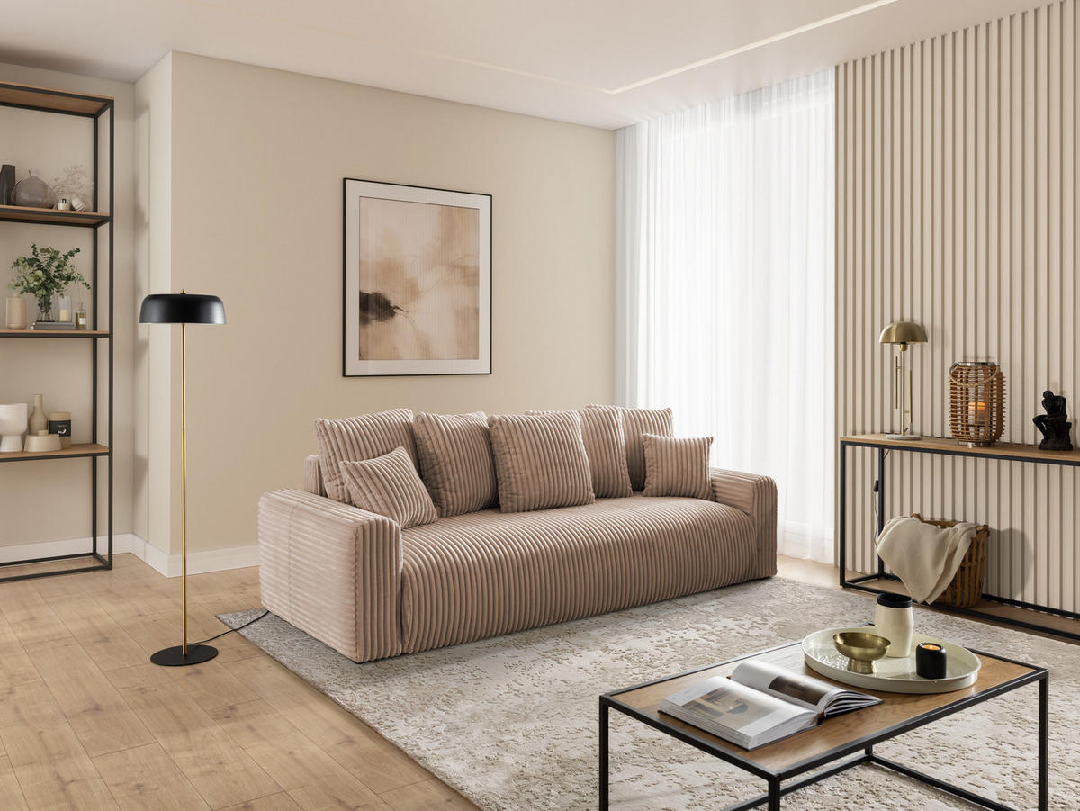 SCHLAFSOFA Calma mit Bettkasten im Bumpy-Design aus weichem Beige Plüschcord - Beige/Schwarz, Holz/Kunststoff (239/88/98cm) - S-Style