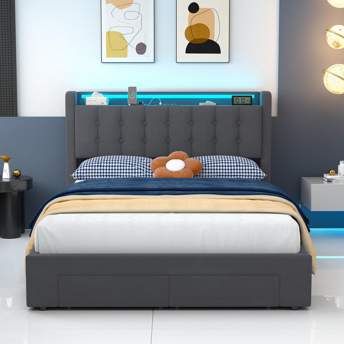 POLSTERBETT 140x200 cm in Dunkelgrau Samt mit Bettkasten, Schubladen und USB/LED-Beleuchtung - Dunkelgrau, Holzwerkstoff/Textil (140/200cm) - CHICFURN
