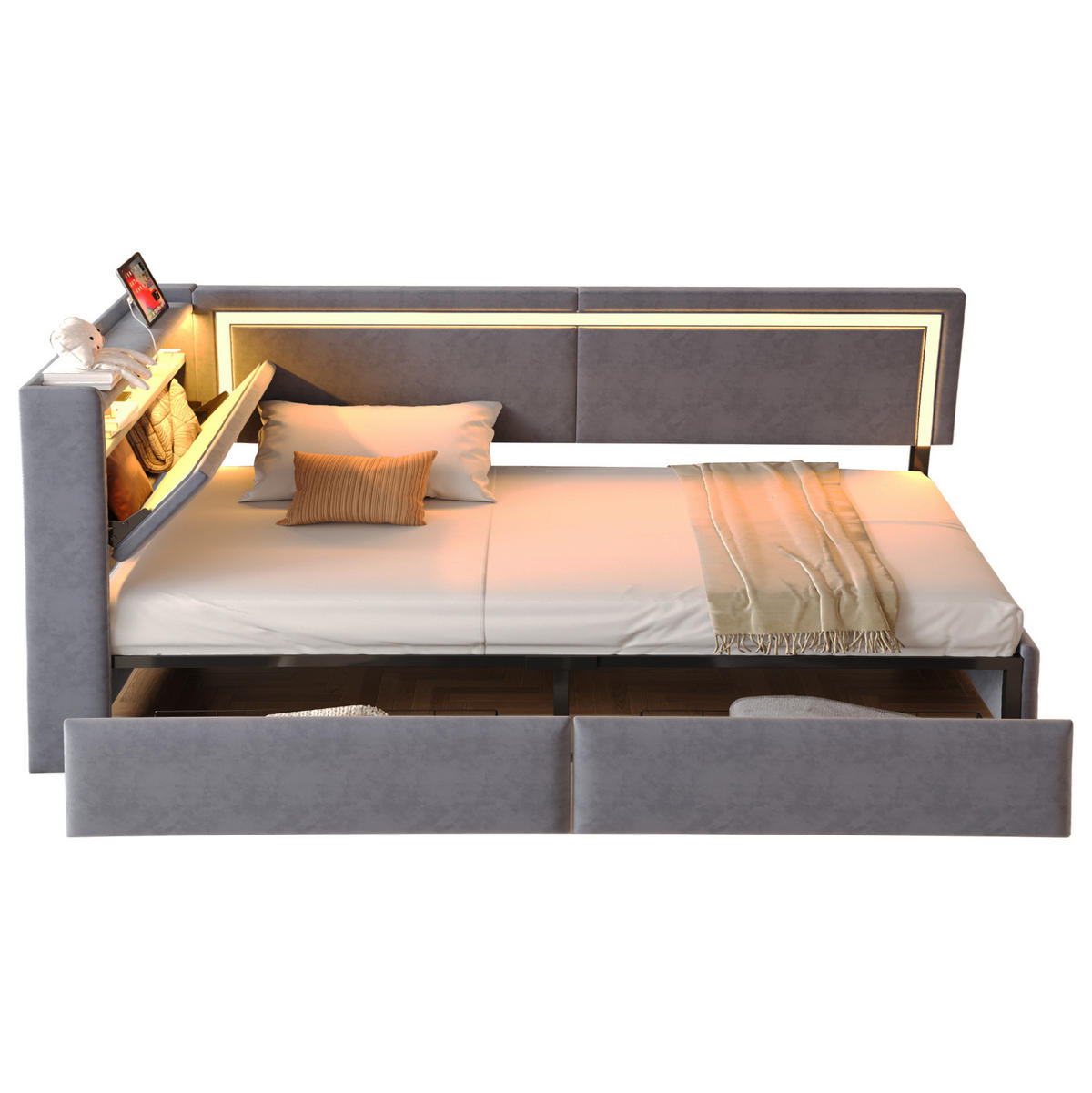 ČALOUNĚNÁ postel 90/200 cm tmavě šedá ze sametu s LED osvětlením a USB - tmavě šedá, textil (90/200cm) - OKWISH
