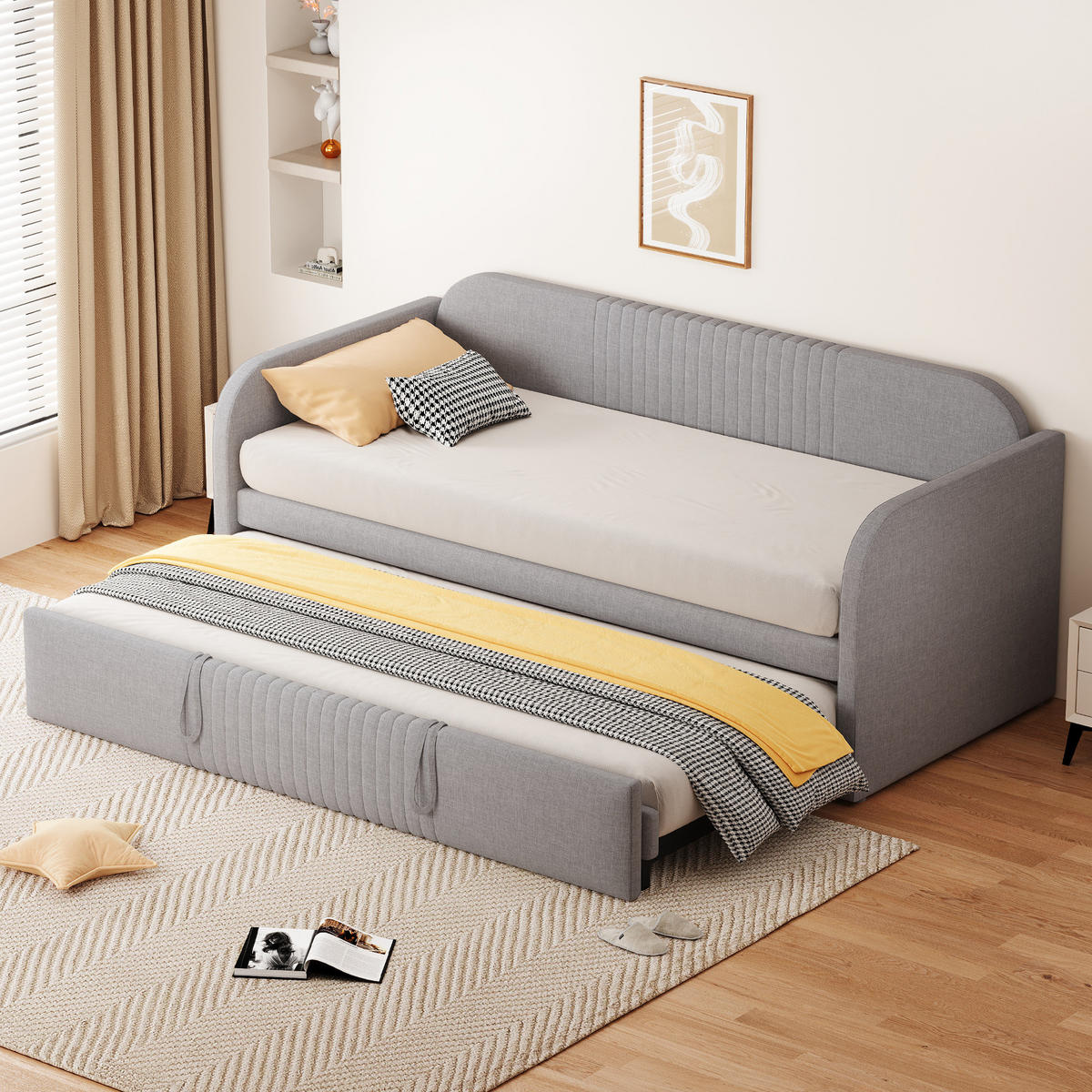POLSTERBETT 90/190 cm aus Leinenstoff mit Lattenrost, Hellgrau - Hellgrau, Textil (90/190cm) - OKMYHOME