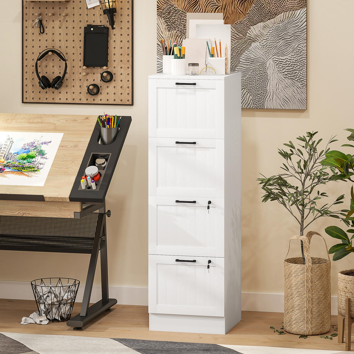AKTENSCHRANK DE-14477 4 abschließbare Schubladen mit Hängeakten Weiß - Weiß, Holzwerkstoff (40/131/40cm) - ComfortXL
