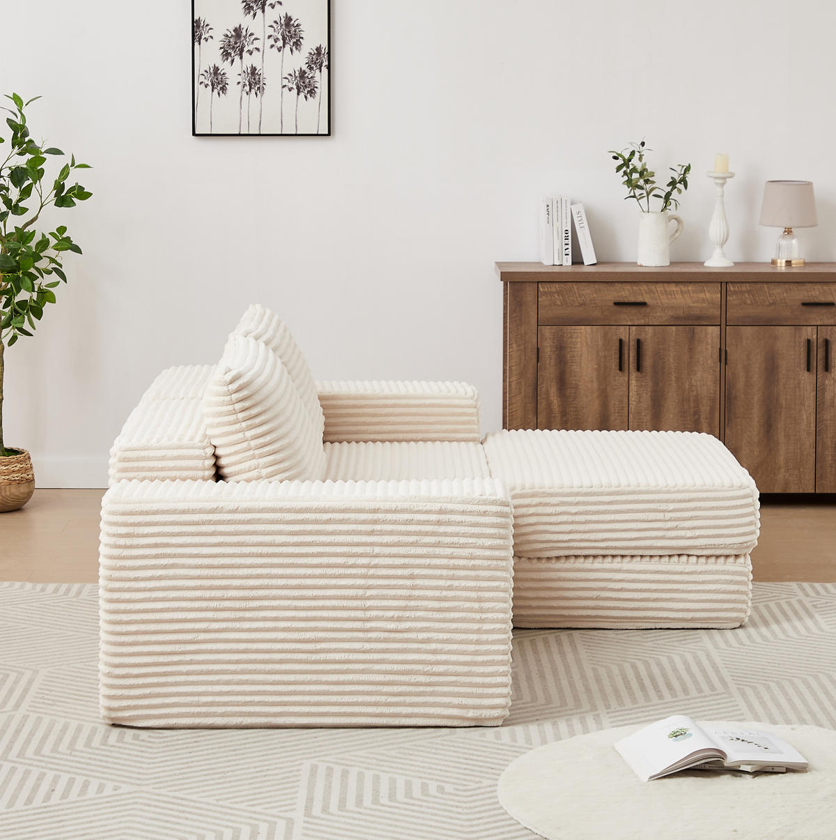 SOFA na razvlačenje bež od samta s pomičnim tabureom i modularnim rasporedom - bež, tekstil (169.5/74/194cm) - OKWISH