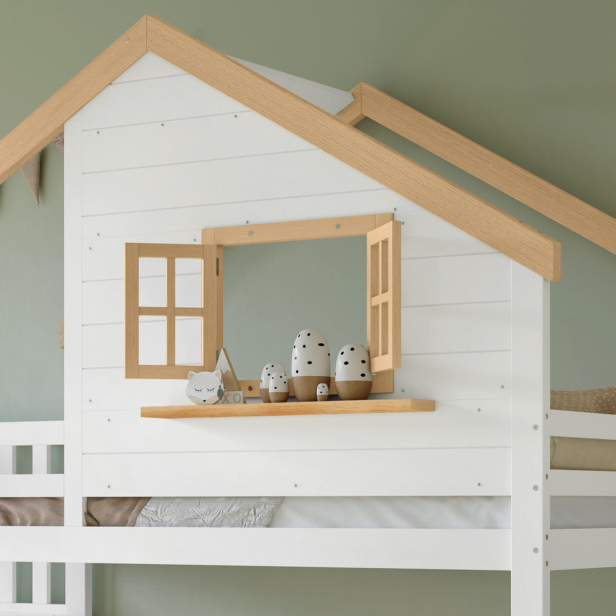 KINDERBETT Weiß/Natur Liegefläche 90/200 cm, Etagenbett, Hausdesign, Treppe mit Stauraum, Ohne Matratze - Weiß, Holz (90/200cm) - PANGIVO
