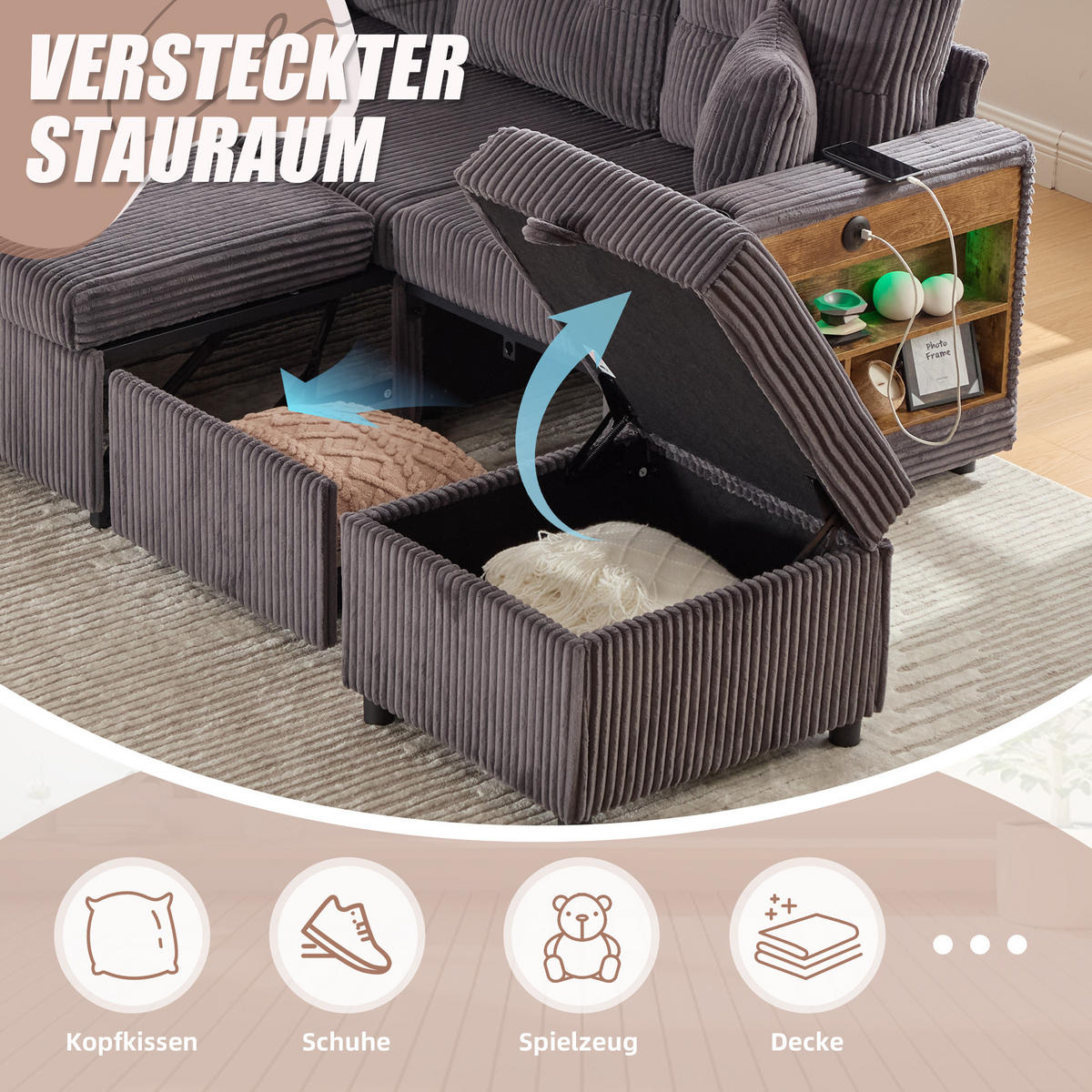 SCHLAFSOFA aus Cord mit Stauraum, Ausziehbett und USB-C - Dunkelgrau, Textil (196/85/82cm)
