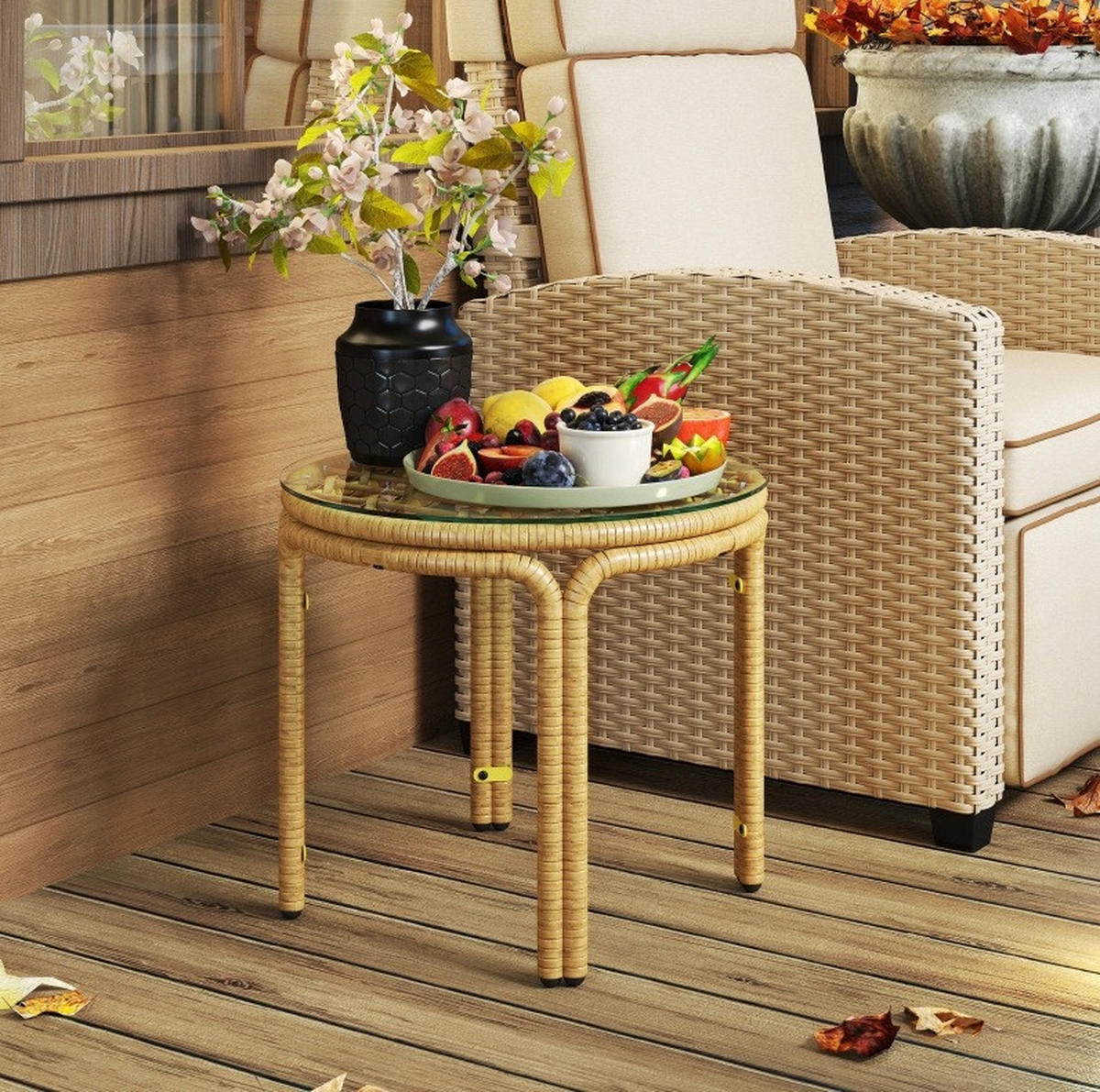 BEISTELLTISCH 50/50/44 cm mit Sicherheitsglasplatte und wetterbeständigem Gestell aus PE-Rattan, Gelb - Gelb, Glas (50/50/44cm) - Redom