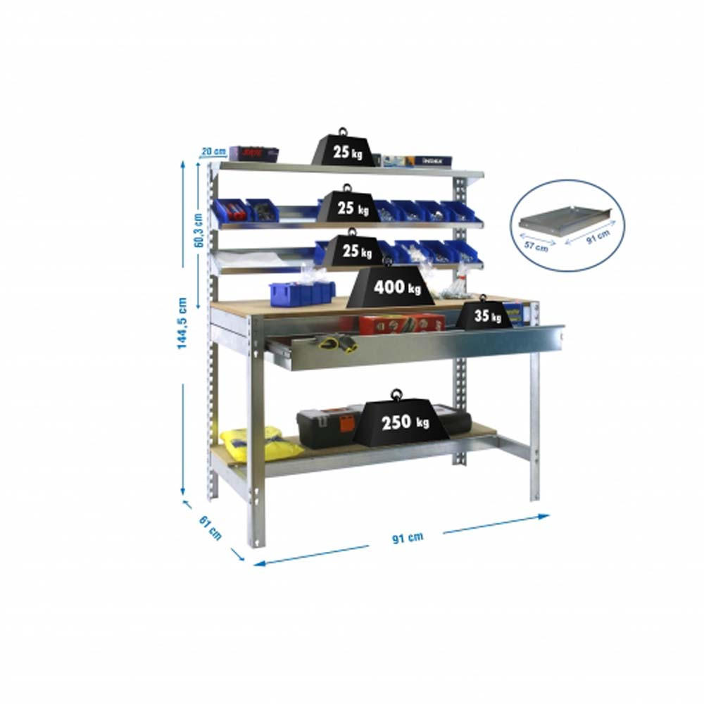 WERKBANK BUFFALO mit Frontablage und Schubfach | HxBxT 84x90x61cm | Traglast 400kg | Verzinkt - Silberfarben, Metall (90/84/61cm) - PROREGAL