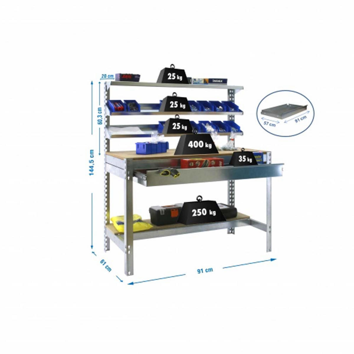 WERKBANK BUFFALO mit Frontablage und Schubfach | HxBxT 84x90x61cm | Traglast 400kg | Verzinkt - Silberfarben, Metall (90/84/61cm) - PROREGAL