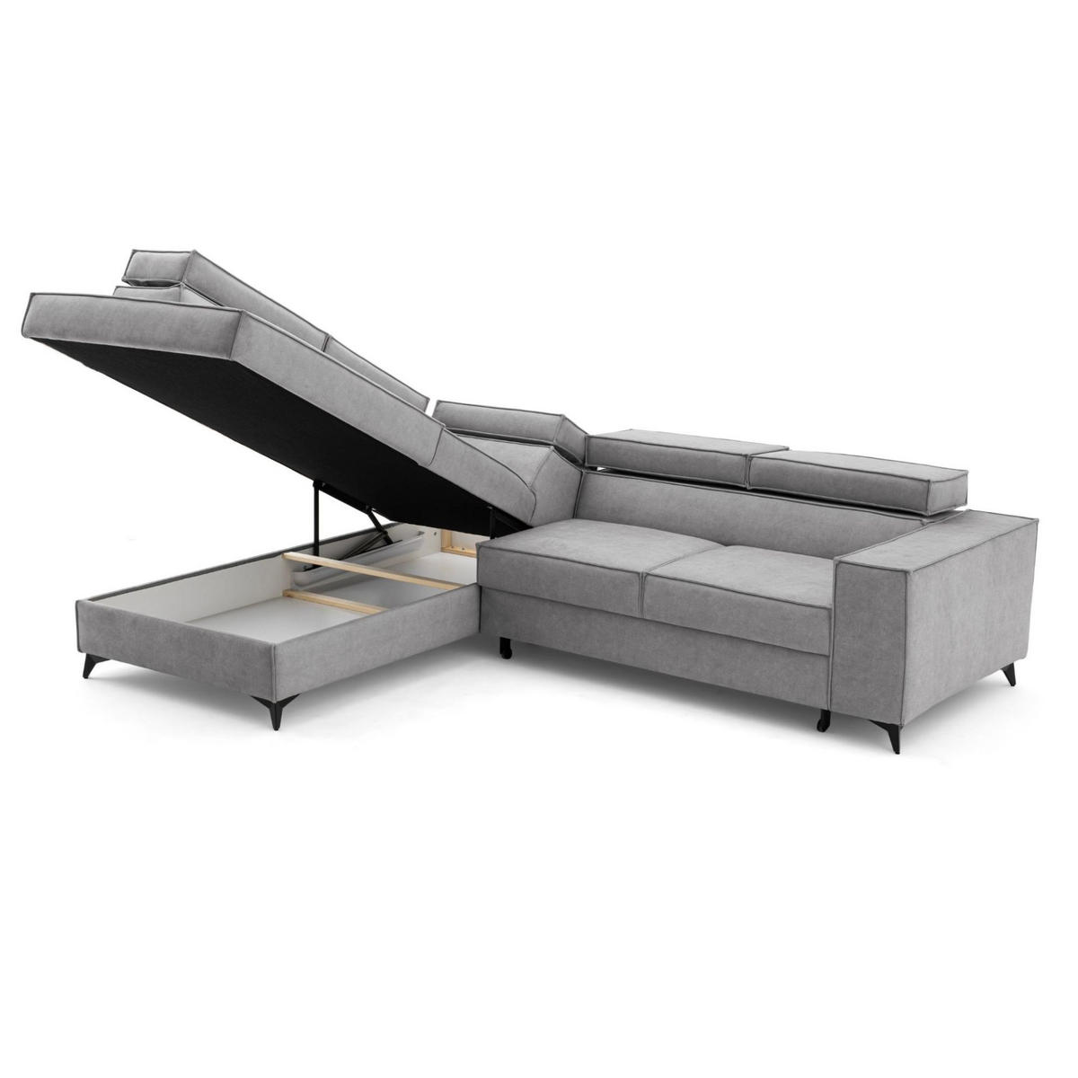 ECKSOFA PURE L Links mit Schlaffunktion 127x199 Velours Hellgrau - Hellgrau/Schwarz, Holz/Textil (281/204cm) - Muffo