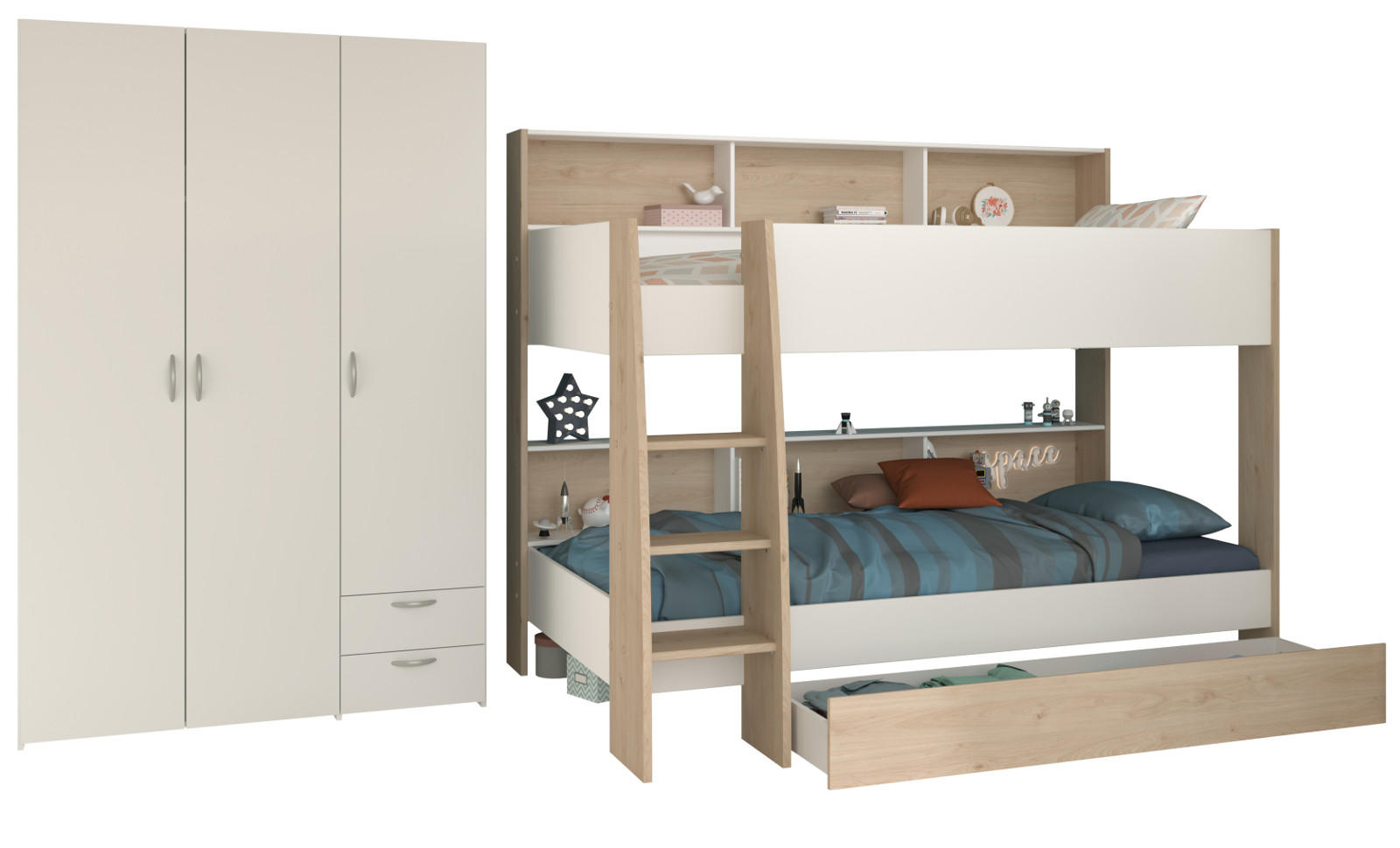 KINDERZIMMER weiß, Eiche 2-teilig, Jugendzimmer-Set mit Etagenbett und Kleiderschrank - Eichefarben/Silberfarben, Holzwerkstoff/Kunststoff (208/165/132cm) - Parisot Meuble