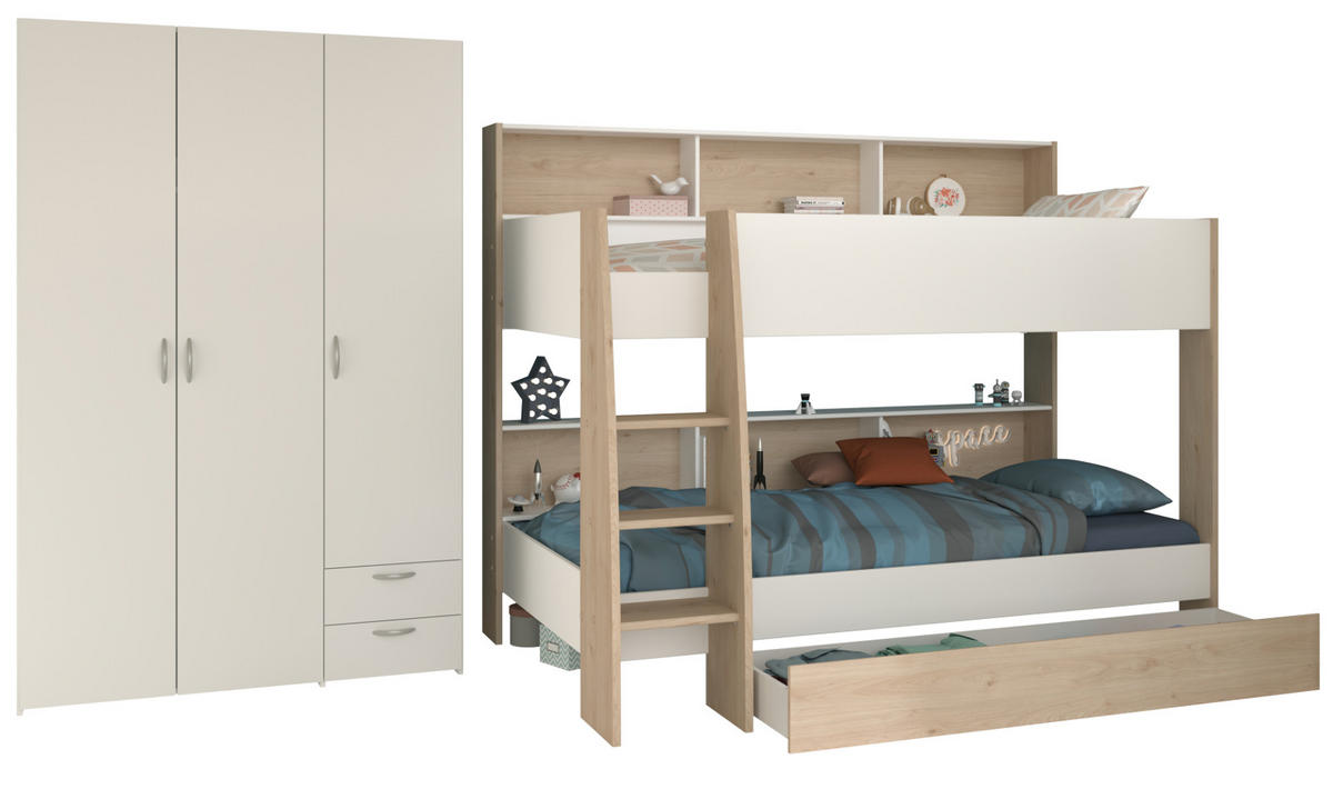 KINDERZIMMER weiß, Eiche 2-teilig, Jugendzimmer-Set mit Etagenbett und Kleiderschrank - Eichefarben/Silberfarben, Holzwerkstoff/Kunststoff (208/165/132cm) - Parisot Meuble