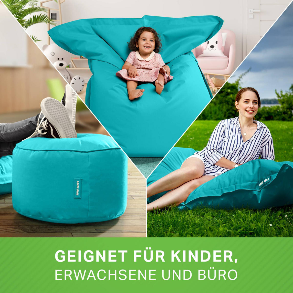 XXL-SITZSACK + Pouf 2er Set - 140x180cm - Türkis, Textil (140/25/180cm) - Green Bean