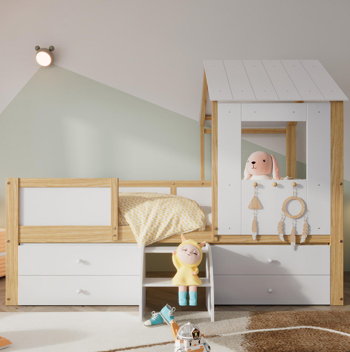 KINDERBETT aus Kiefer, MDF und Sperrholz 90x200 cm Weiß/Natur mit Dach, Fenster, 4 Schubladen und kleiner Treppe - Weiß, Holzwerkstoff (90/200cm) - Modfu