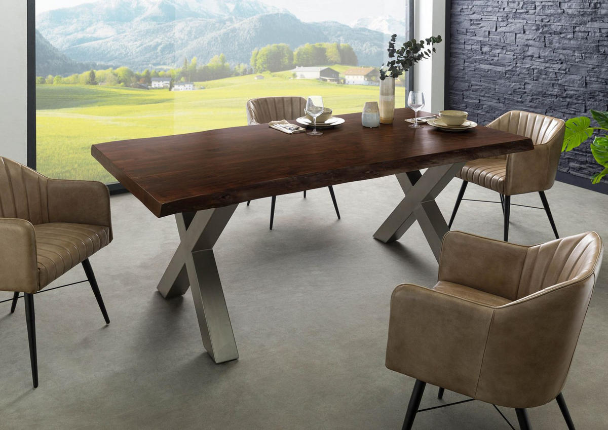 BAUMTISCH Akazie 200x100x77 braun lackiert / X-Beine silber matt FREEFORM 5 - Silberfarben/Braun, Holz (200/100/77cm) - Massivmoebel24
