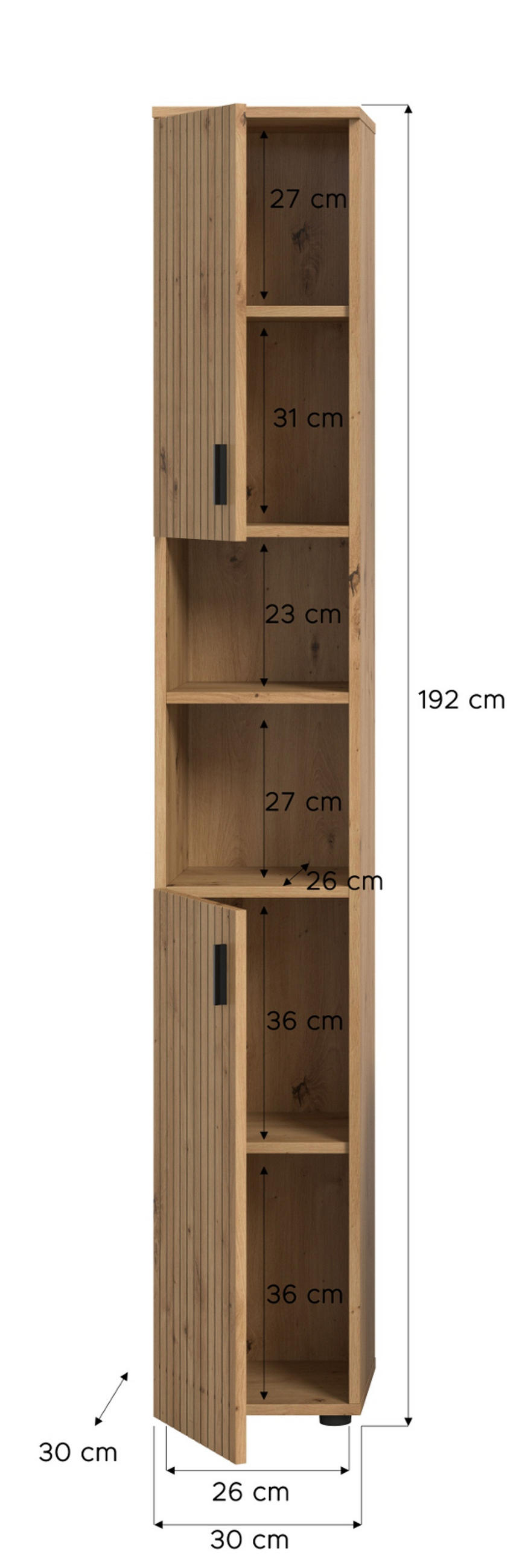 HOCHSCHRANK Eiche Artisan 30 x 192 cm, Badschrank mit 6 Fächern - Schwarz/Eiche Artisan, Holzwerkstoff/Kunststoff (30/192/30cm) - Inn.Furn