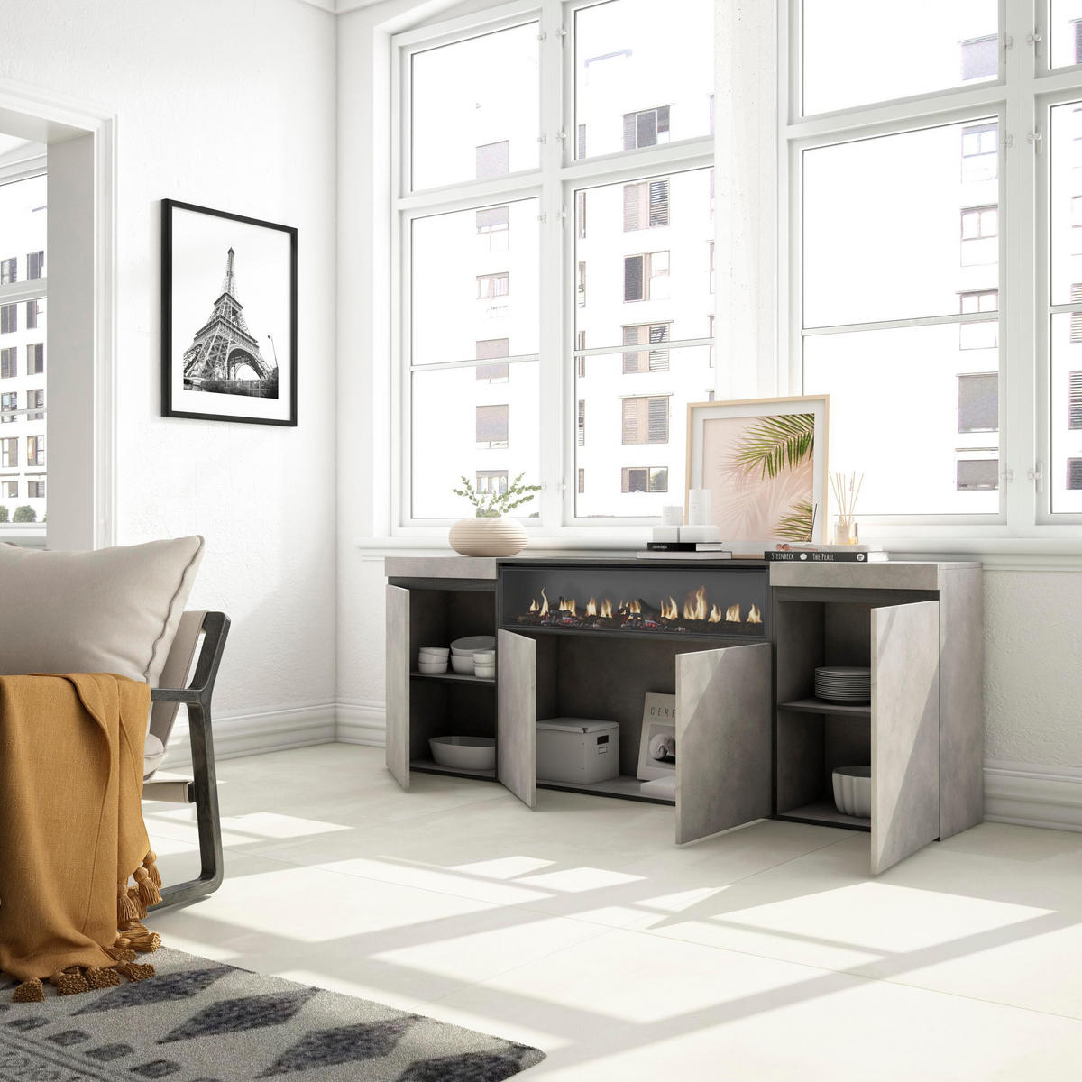 SIDEBOARD Elektrokamin, zementgrau, 200/35/75cm - Grau, Holzwerkstoff (200/75/35cm) - Skraut Home