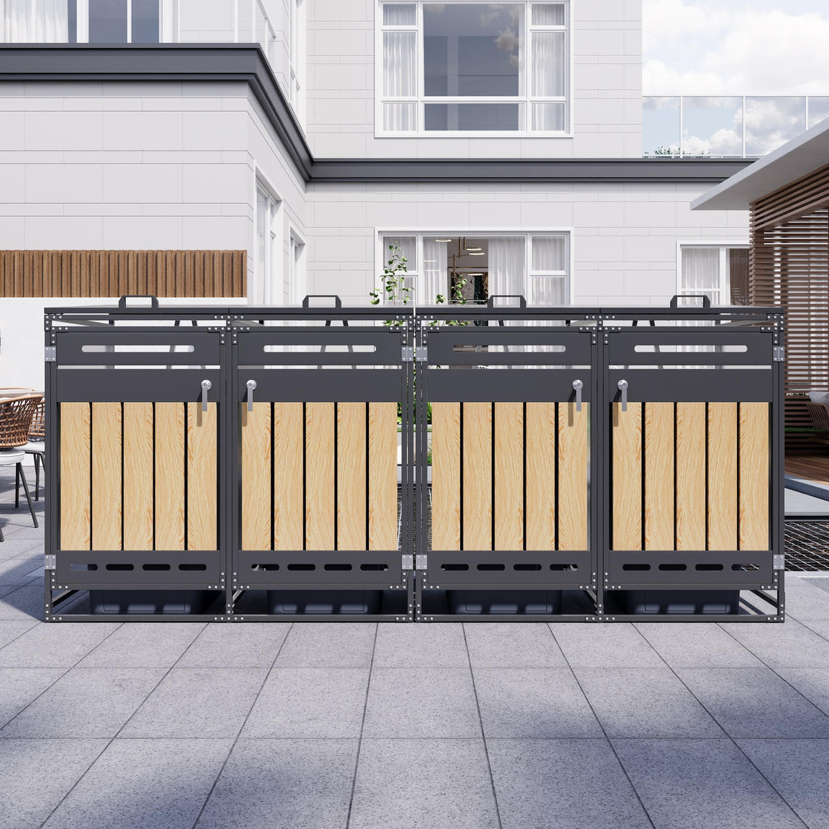 MÜLLTONNENBOX 4er Set Hydraulik Deckel Holzoptik Schloss - Schwarz, Metall (262/116/79cm) - LEBENLANG