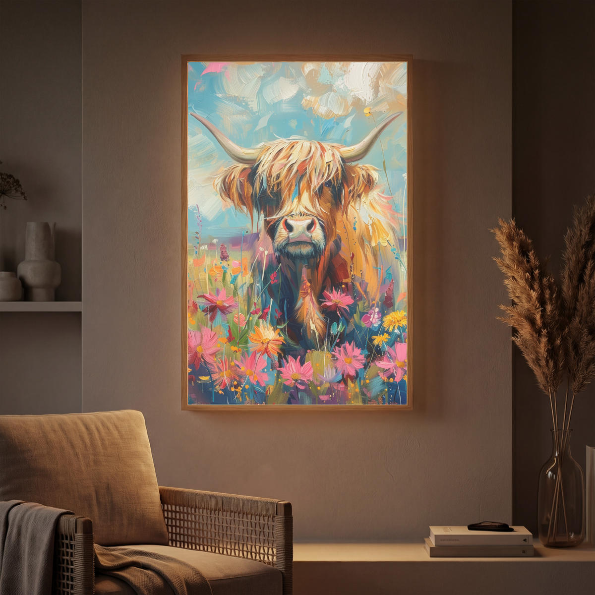 NÁSTĚNNÁ LAMPA S AKUMULÁTOREM Skotský horal - Příroda - Barevné - Květiny 60x90 cm - různobarevná, kompozitní dřevo (60/90/8cm) - OnlyWow