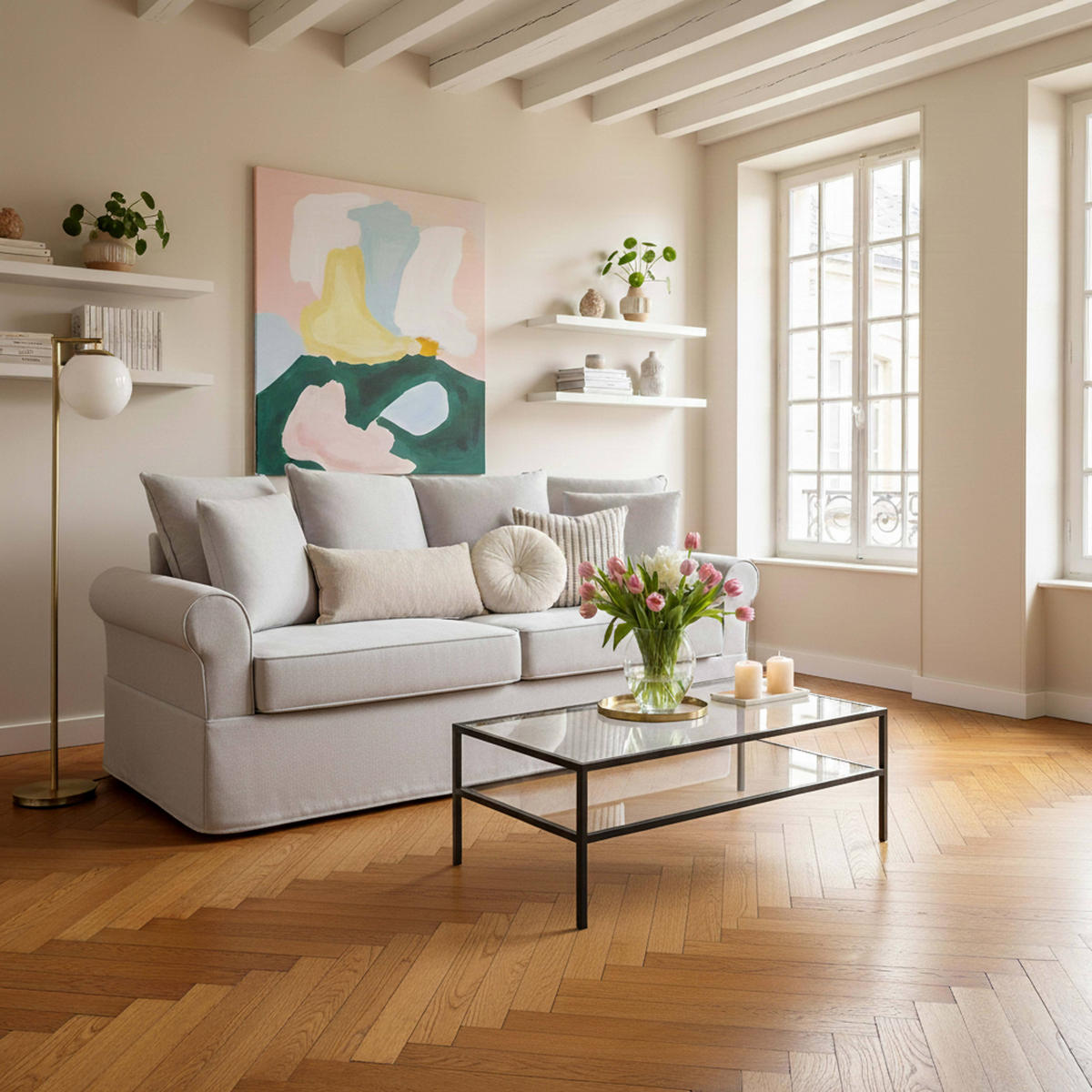 SOFA 3-Sitzer, Grün - Grau, Textil (200/92/84cm) - Oviala