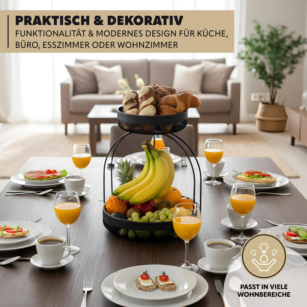 OBSTETAGERE mit Bananenhalter, schwarz, rund - Schwarz, Metall (38.5cm) - eluno