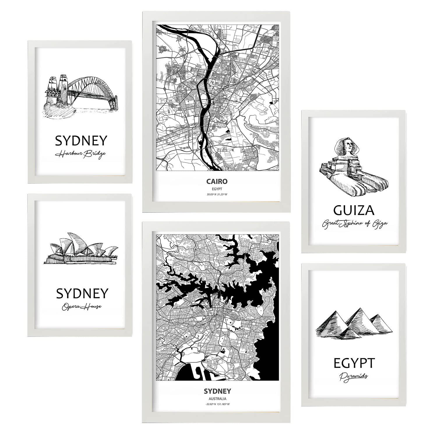 POSTER Set Mit 6 Von Ägypten Und Sidney Sammlung A3 & A4 Weißer Rahmen - Weiß, Papier (29/3cm) - Nacnic