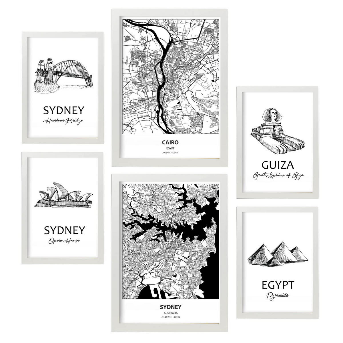 POSTER Set Mit 6 Von Ägypten Und Sidney Sammlung A3 & A4 Weißer Rahmen - Weiß, Papier (29/3cm) - Nacnic