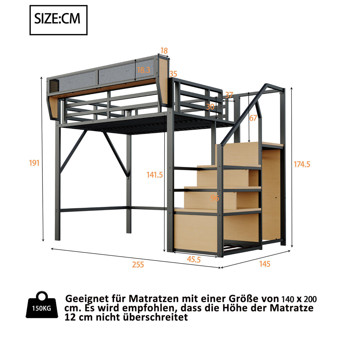 HOCHBETT 140/200 cm aus Metall mit Ablagefach, Schwarz - Schwarz, Metall (140/200cm) - OKMYHOME