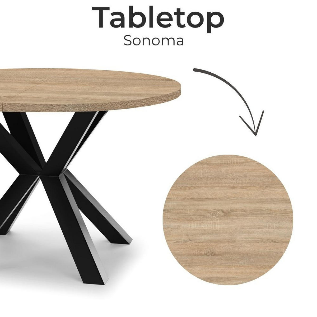 ESSTISCH RAL mit Holzbeinen, Durchmesser: 100 / 200 cm Eiche Sonoma / Schwarz - Schwarz/Sonoma Eiche, Holz (100/200/77cm) - Dekori_Interiors