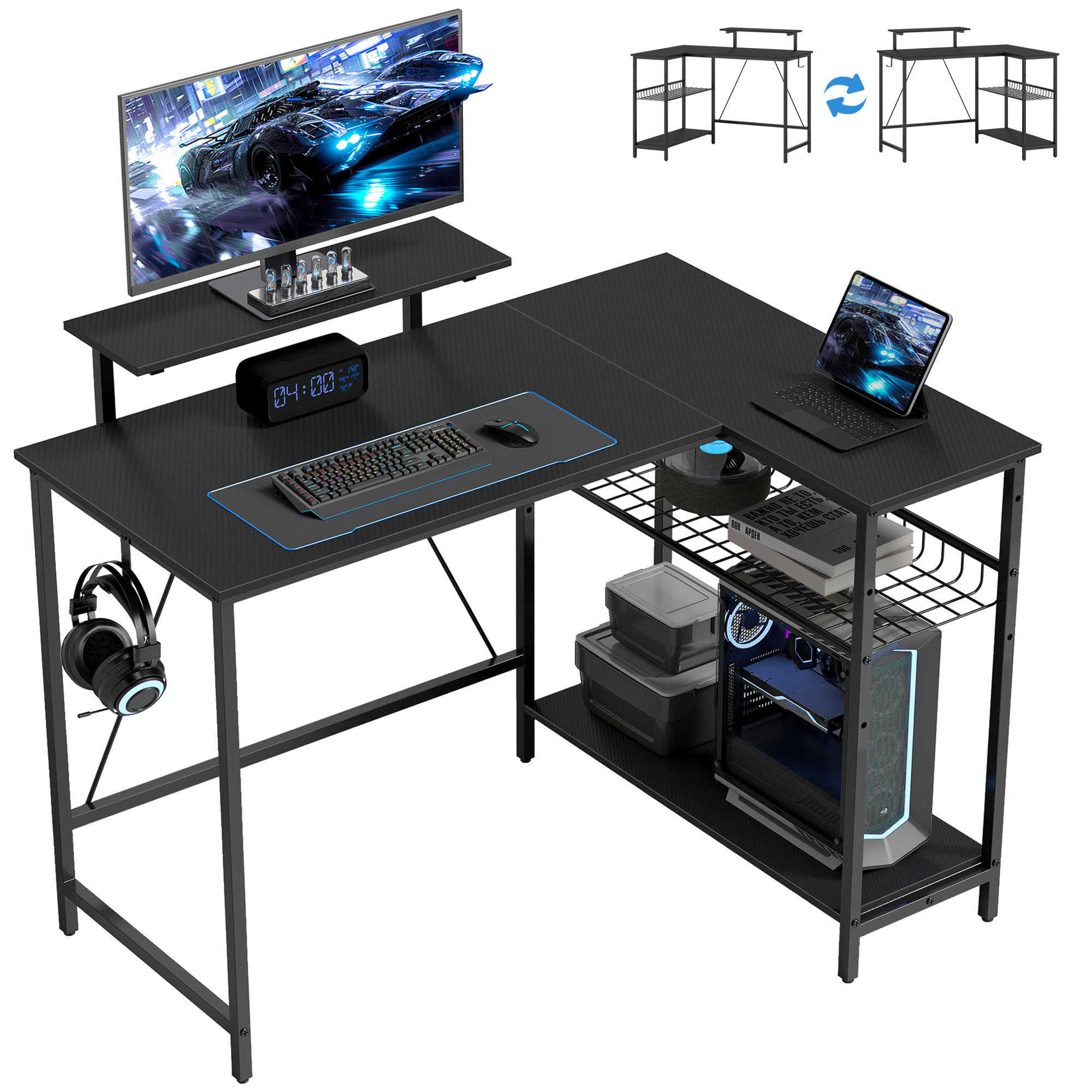 GAMINGTISCH L-Form DE-14931 Schwarz - Schwarz, Holzwerkstoff (114.5/82/91.5cm) - ComfortXL
