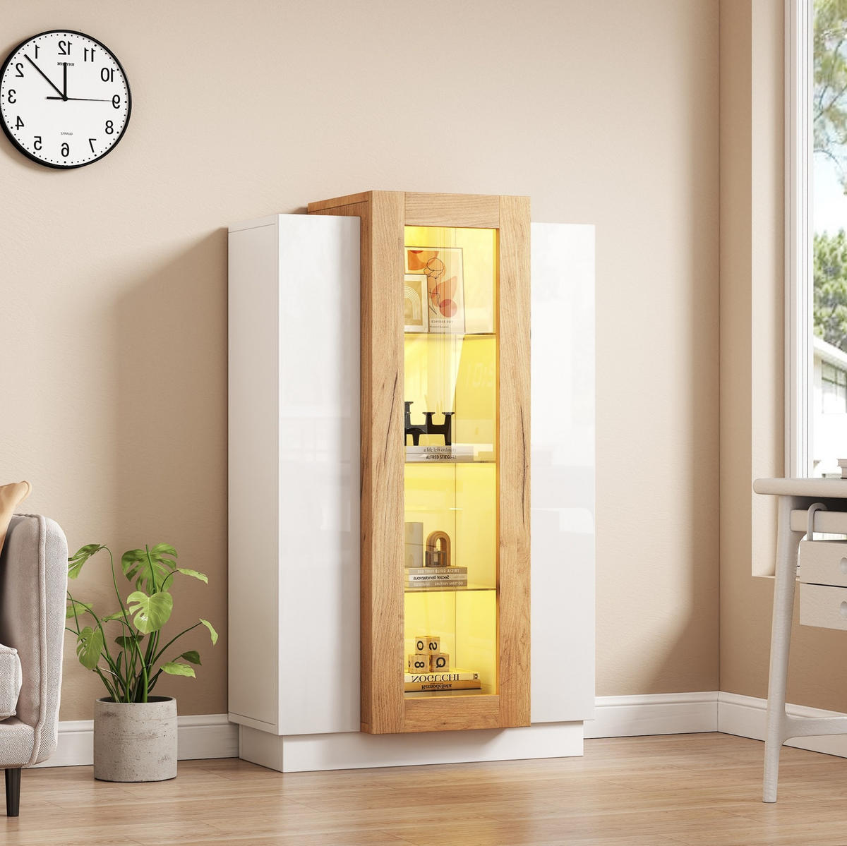 VITRINE 74/40/120 cm in Weiß/Natur mit 3 Türen und LED-Beleuchtung - Weiß, Holzwerkstoff (74/120/40cm) - Flora Grace